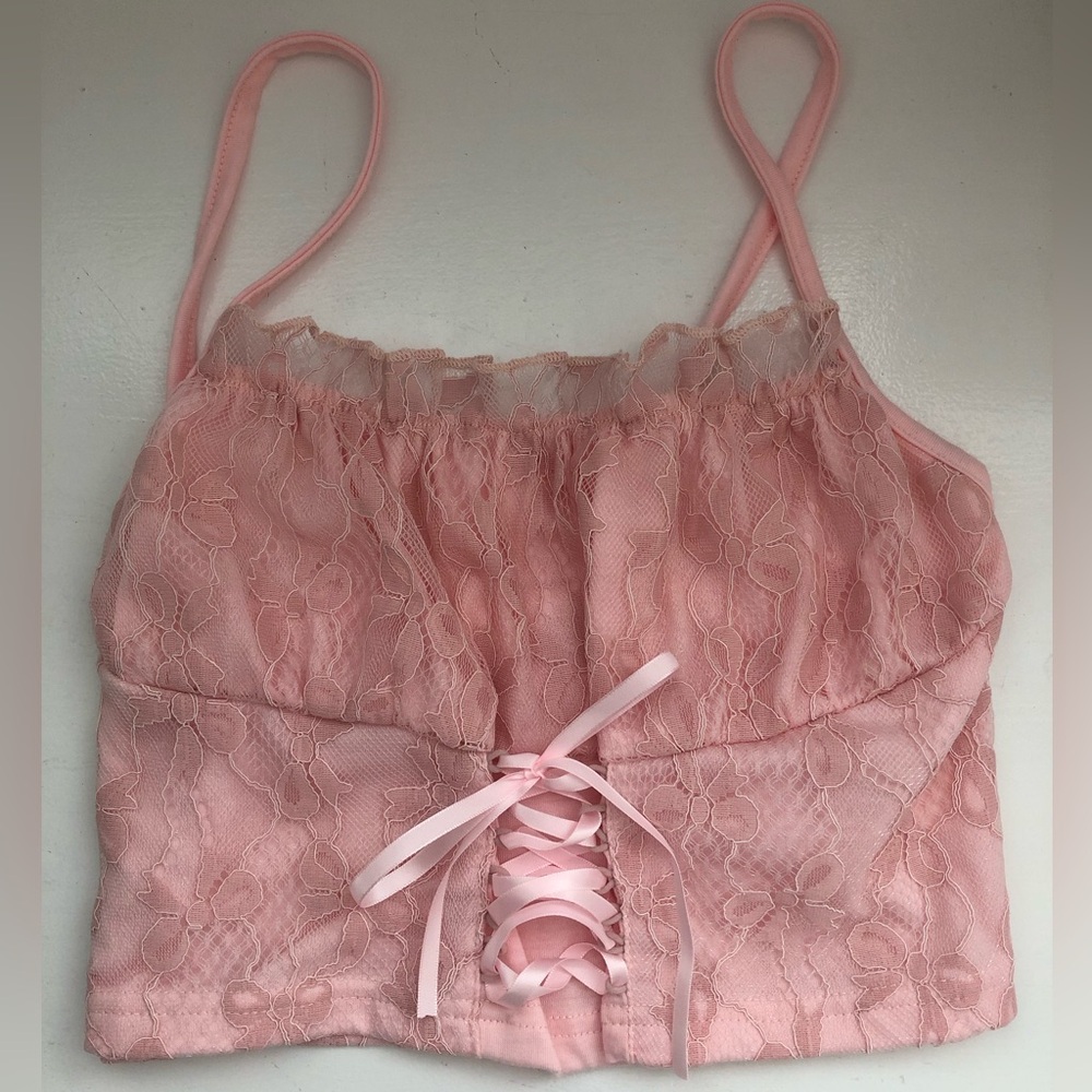 ROMWE Light Pink Lace Up Crop Top